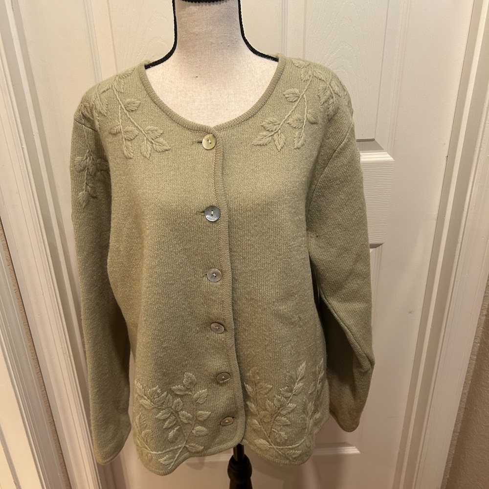 Coldwater Creek 100% Wool Embroidered Button-Up Jacket Green size L